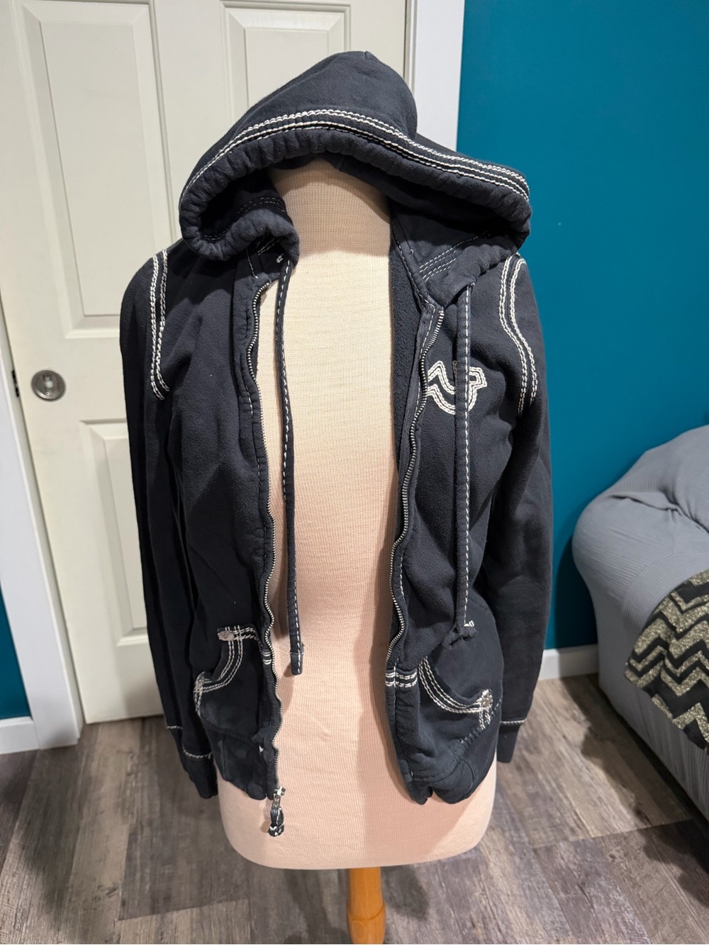 True Religion Black Hooded Zip-Up Jacket with White Contrast Stitching